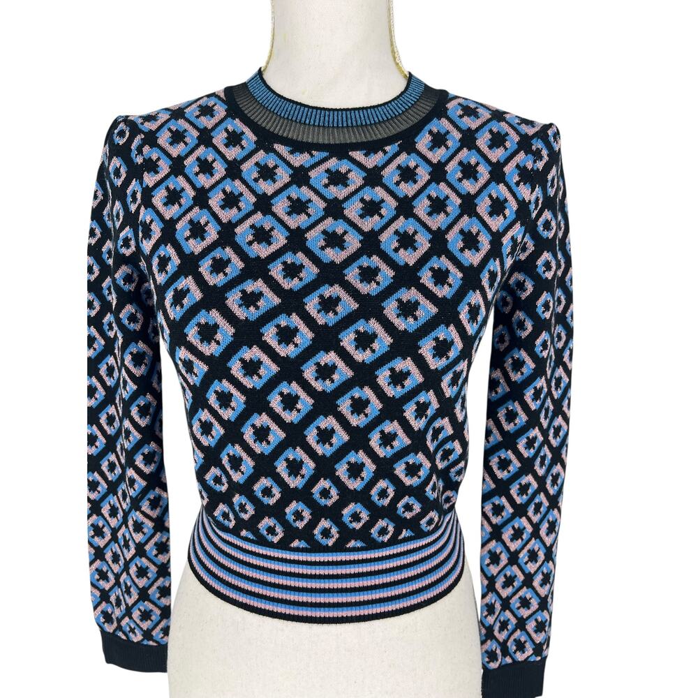 Diane von Furstenberg Merino Wool Blend Cropped Metallic Printed Sweater - Picture 4 of 13